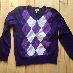 At John’s Bay purple and white argyle sweater.